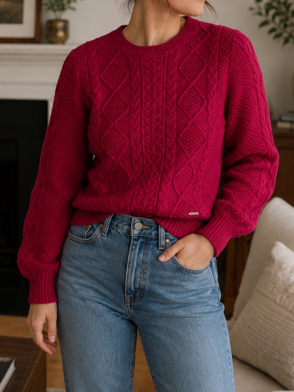 Abercrombie & Fitch Cable Knit Puff Sleeve Crewneck Sweater Dark Pink Size Small